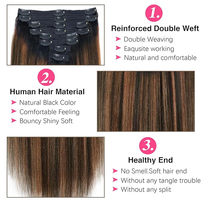 Yaki Straight Clip ins Real Human Hair Extensions For Women Highlight Hair Extensions Yaki Straight Clip in Hair Extensions(26inch,T1BP1B/30)