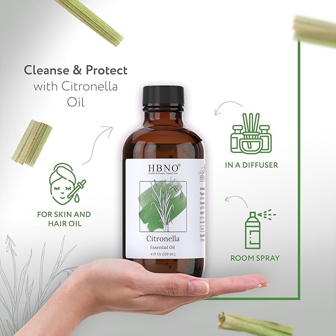 HBNO California Bottled Citronella Essential Oil 4 fl oz (120ml) - Natural Citronella Oil - Perfect for Cleaning, Aromatherapy, DIY, Soap & Diffuser -