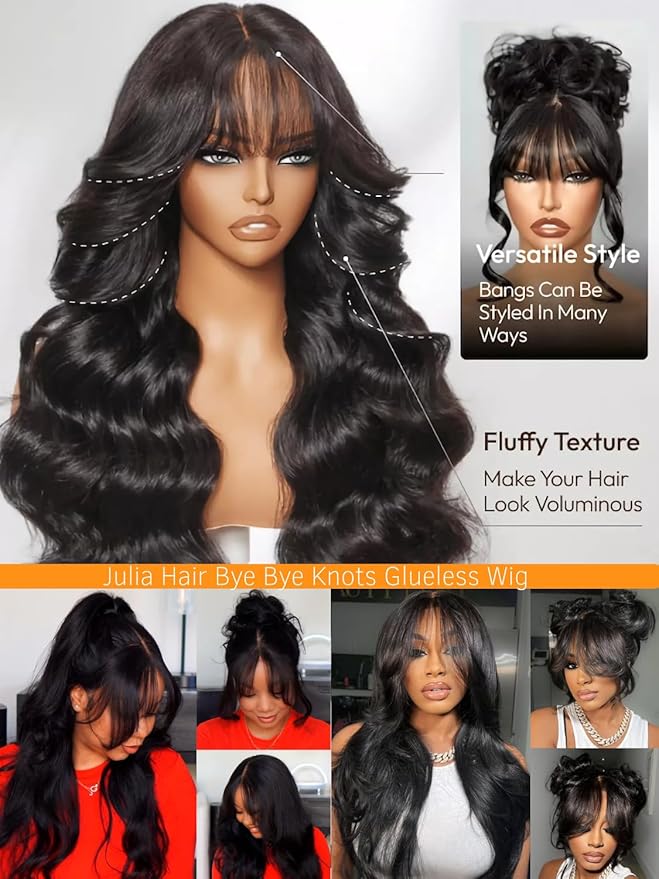 Julia Hair Bye Bye Knots Curtain Bangs Wig Glueless Fluffy Natural Loose Wave Pre Cut 7x5 HD Lace Front Wigs Invisible Pre Plucked Pre Everything Body Wave Put on and Go Wig for Women 18 Inch