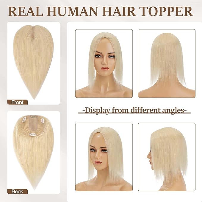 Rich Choices Hair Toppers for Women Real Human Hair 100% Human Remy Toppers NO Bangs for Women with Thinning on Top Clip in Hairpiece 4"x4.7"Lace Base 16 Inch #613 Bleach Blonde