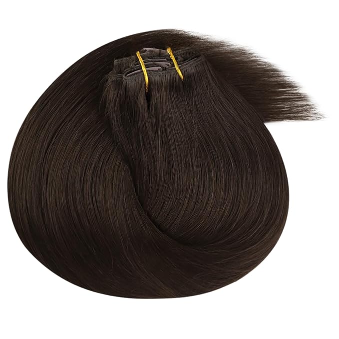 Ve Sunny Clip in Human Hair Extensions, Clip on Hair Extensions for Women, Dark Brown Clip in Hair Extensions Long Straight Hair Extensions 7pcs 120g 24inch