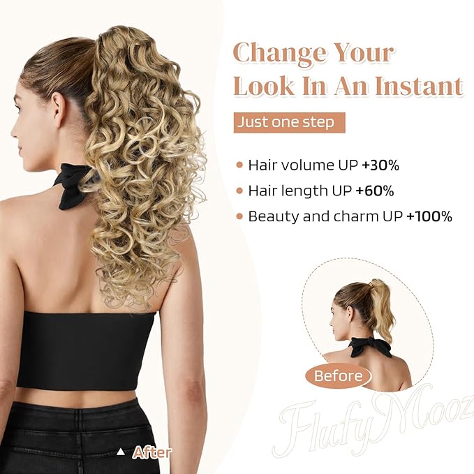 FLUFYMOOZ 100％ Pure Protein Ponytail Extension, 18 Inch Curly Claw Clip Ponytail Hair Extensions Natural Soft pony tail hairpiece for women-Medium Brown with Golden Blonde
