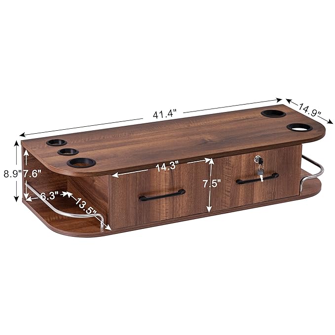 BarberPub Beauty Locking Wall Mount Styling Station, Barber Salon Station with Hair Dryer Holders, Spa Storage Floating Equipment with 2 Drawers 5012 (Brown)