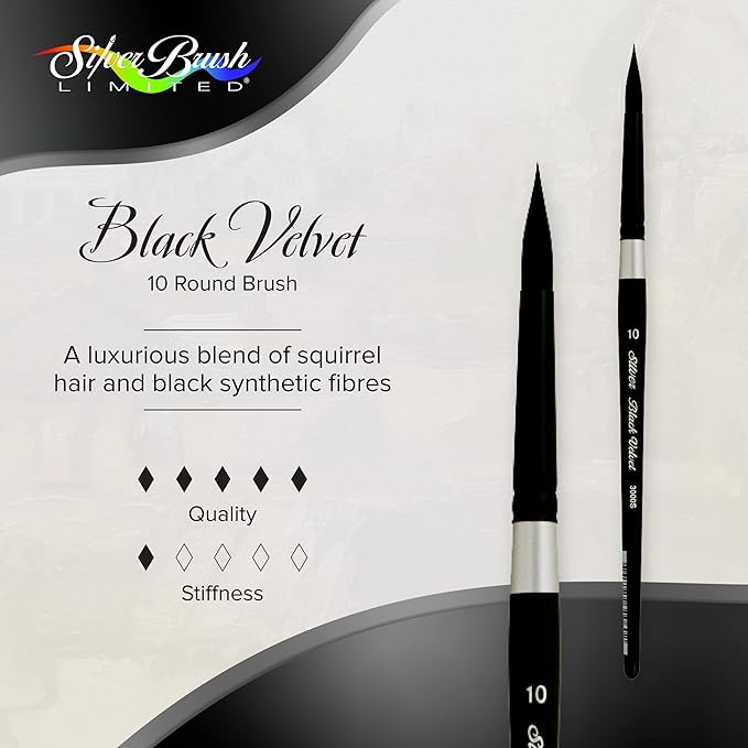 Silver Brush Limited 3000S-10 Black Velvet Round Paintbrush for Watercolor, Gouache, Inks, & Dyes, Size 10, Short Handle