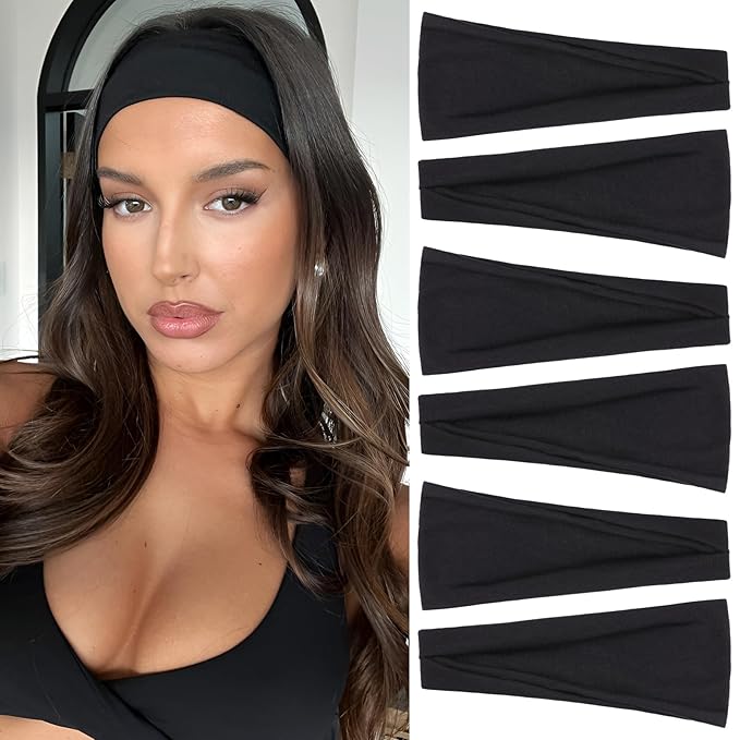 Black Headbands for Women 6PCS,Non Slip Head Bands Hair Accessories for Securing Hair,Elastic Hairbands for Yoga Workout Every Day