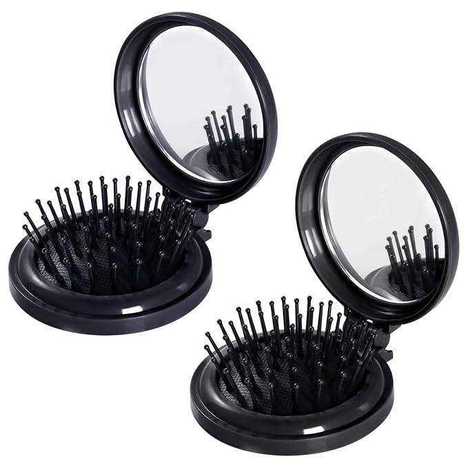 2pcs Folding Travel Mirror Hair Brushes Round Mirror Pocket Hair Brush Portable Mini Pop Up Hair Brushes for Women Girls Wet and Dry Hair (Black)