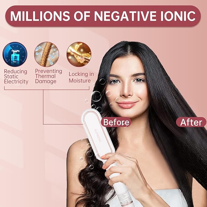 Negative Ionic Hair Straightener Brush with 9 Temp Settings, 30s Fast Heating Hair Straightening Comb with LED Display, Anti-Scald & Auto-Shut Off Hair Brush Straightener for Women (White)