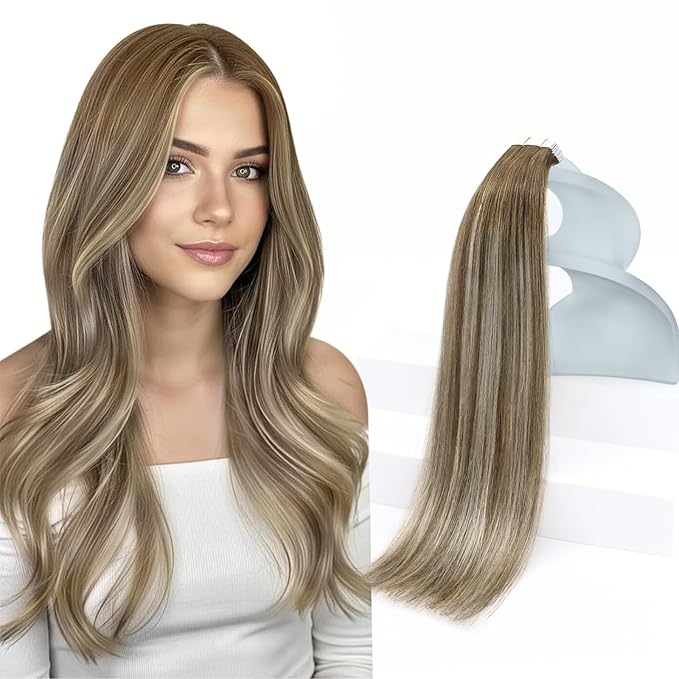 Sunny Hair Tape in Hair Extensions Real Human Hair Invisible Remy Hair Extensions Tape ins for Women Cool Brown to Light Brown Highlight Medium Blonde Balayage 20 inch 20Pcs 50G