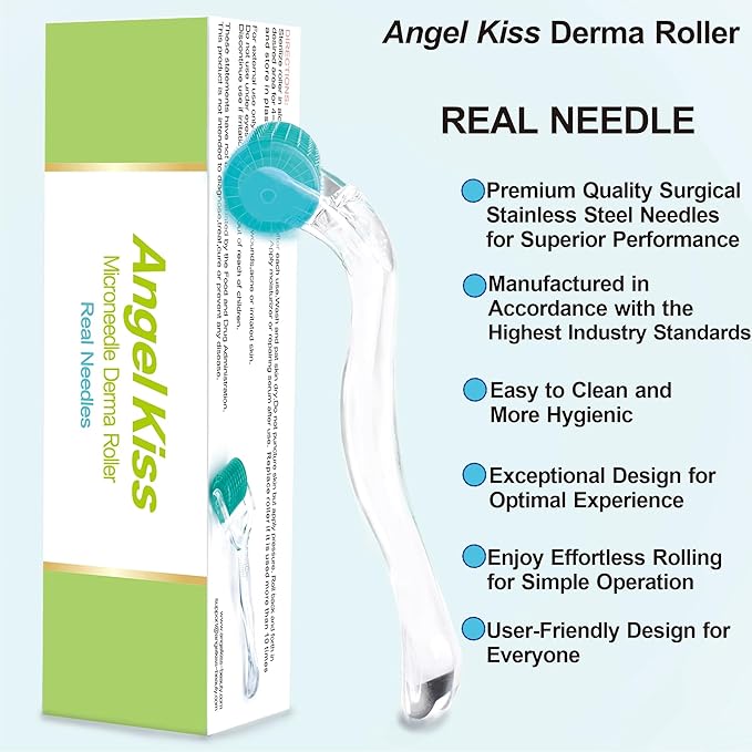 Derma Roller Real Needles - Angel Kiss 0.25mm Microneedling Roller with Case - 192 Stainless Steel Micro Needling Dermal Kit for Face, Scalp, Body - At Home Microdermabrasion Roller for Women Men