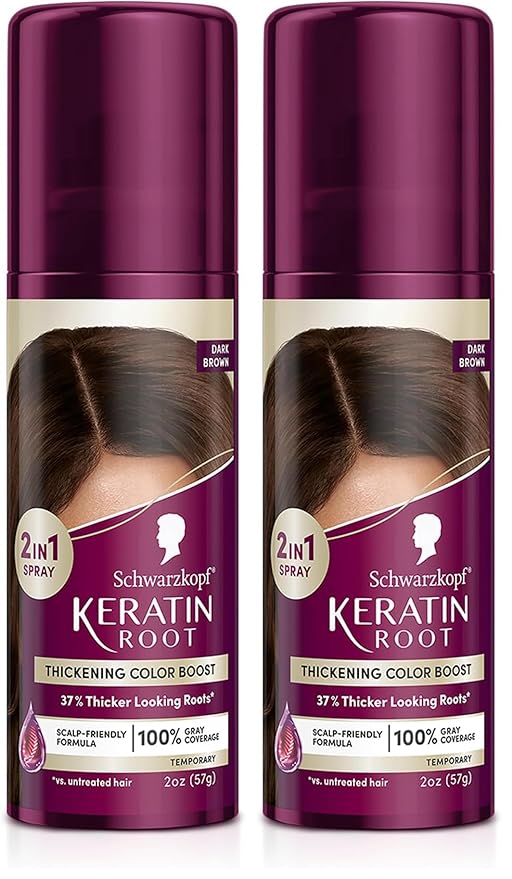 Schwarzkopf Keratin Color Root Temporary Hair Color Spray, Dark Brown - Salon Inspired Temporary Hair Dye, for up 100% Gray Coverage and Thicker Looking Roots, Ammonia free (Pack of 2)