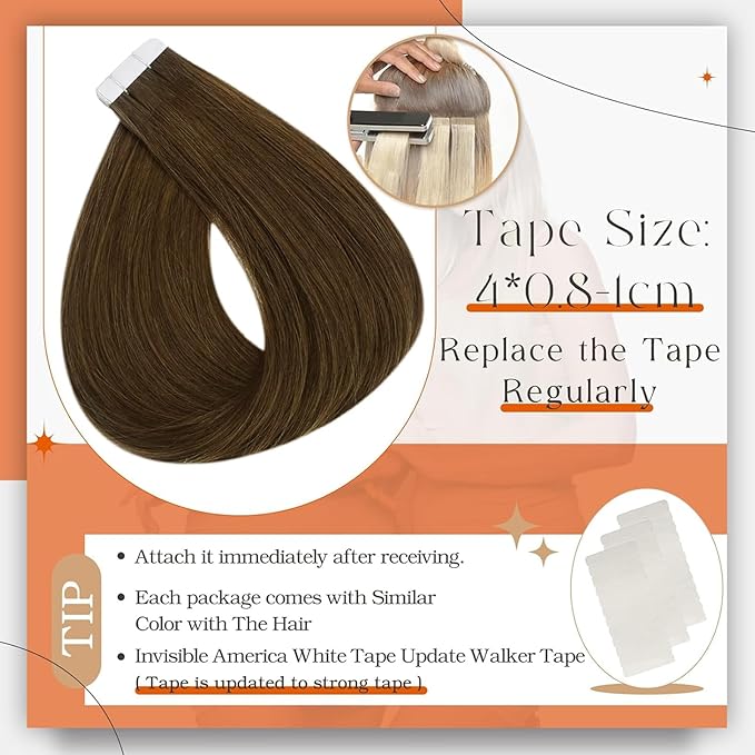 Full Shine Tape in Hair Extensions Color 4 Medium Brown Tape in Extensions Real Human Hair 20Pcs Extension 50G Seamless Invisible Skin Weft Adhesive Tapes ins Human Extension Natural Straight 14Inch
