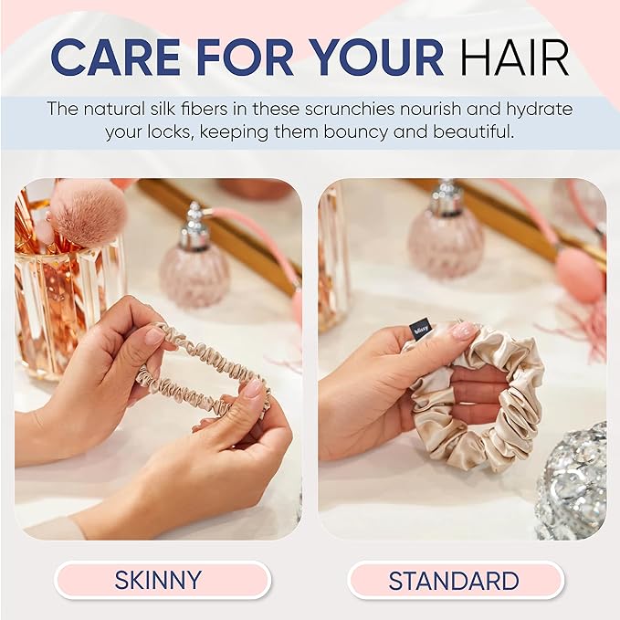 Blissy Silk Scrunchies (3 Pack) - 100% Pure Mulberry Silk - 22 Momme 6A High-Grade Fibers Scrunchie for Straight & Curly Hair - Preventing Breakage, Tangling, & Creasing (Champagne Skinny)