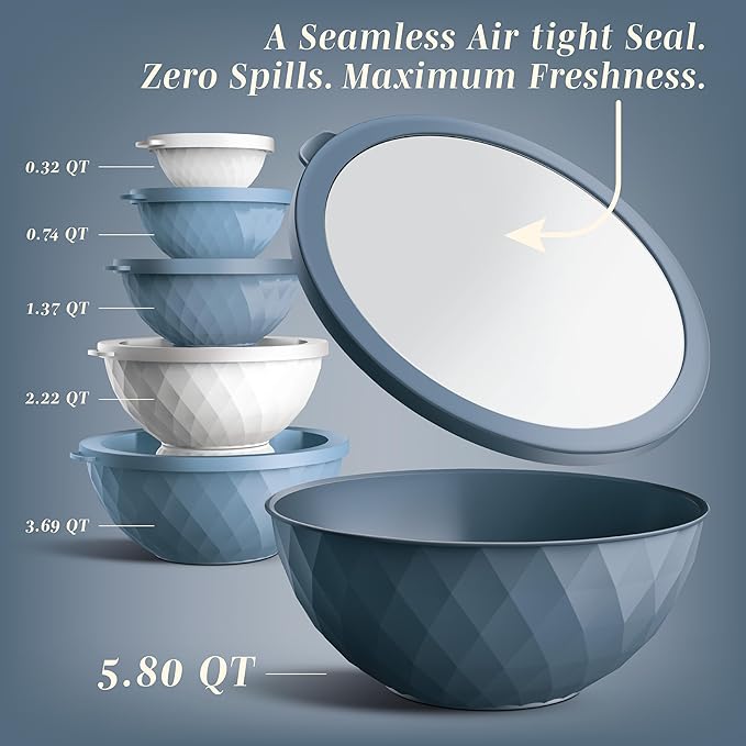 COOK WITH COLOR Mixing Bowls with Lids - 12 Piece Plastic Nesting Bowls Set includes 6 Prep Bowls and 6 Lids, Diamond Design - Microwave Safe, Denim