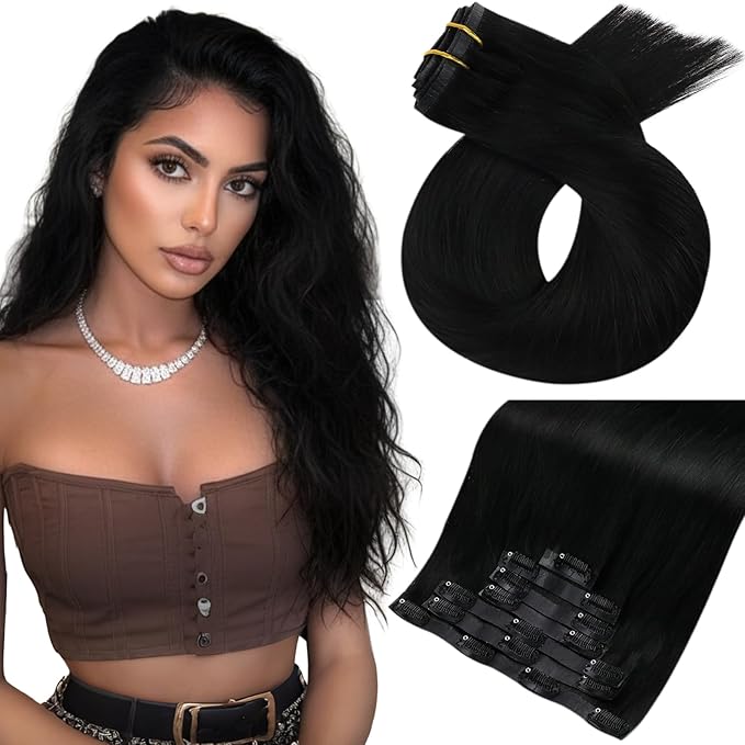 Moresoo Jet Black Seamless Clip in Hair Extensions Human Hair Jet Black Hair Extensions Clip ins Long Pu Weft Invisible for Women Straight And Thick 135g/7pcs 20 inch
