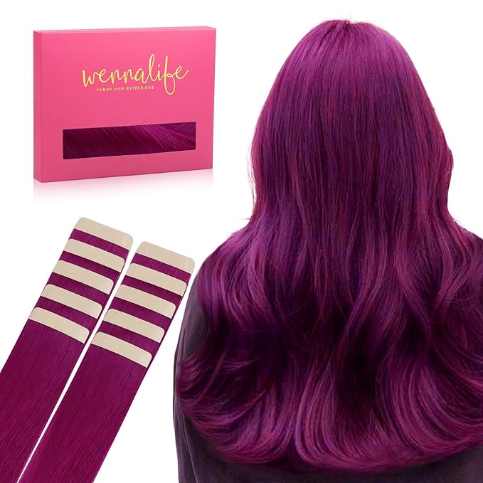 WENNALIFE Tape in Hair Extensions Human Hair Violet Tape in Extensions, 10pcs 30g 26 inch Remy Invisible Tape Ins Straight Colored Soft Real Human Hair Tape in Extensions Refill Set Extensions