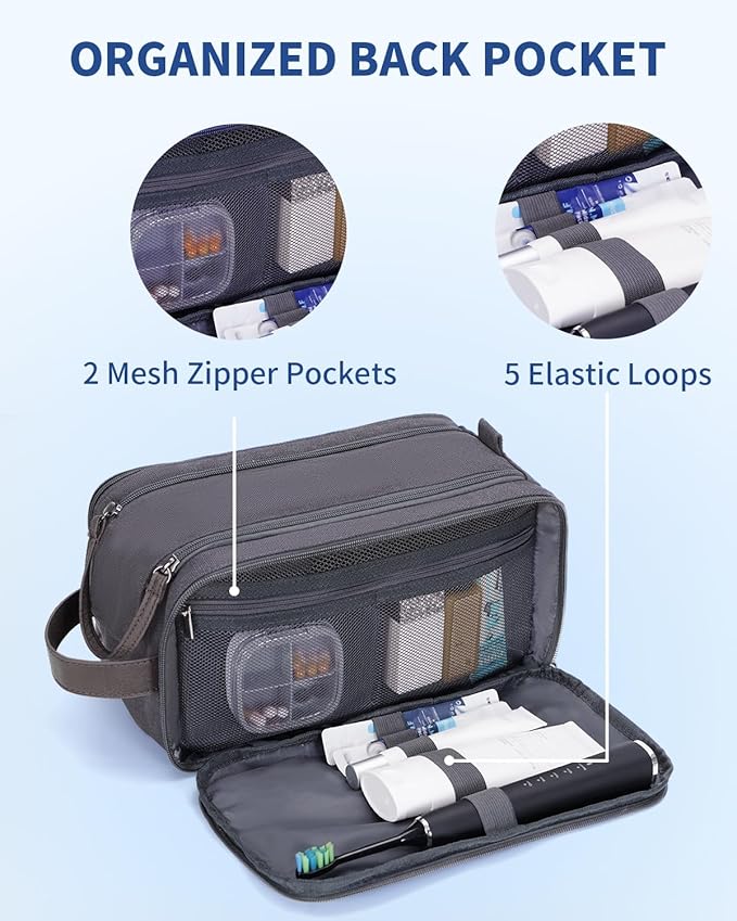 WANDF Toiletry Bag for Men Travel Toiletry Organizer Canvas and Leather Dopp Kit Water-Resistant Shaving Bag for Travel Accessories (Grey, Large)