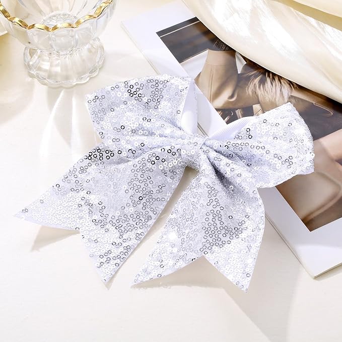 Large Glitter Cheer Bows Clips, Jumbo Big 7 Inch Cheerleading Sequin Hair Bow Hair Accessories for Teens Girls Football Sports Cheerleader Outfit Uniform (Sliver)