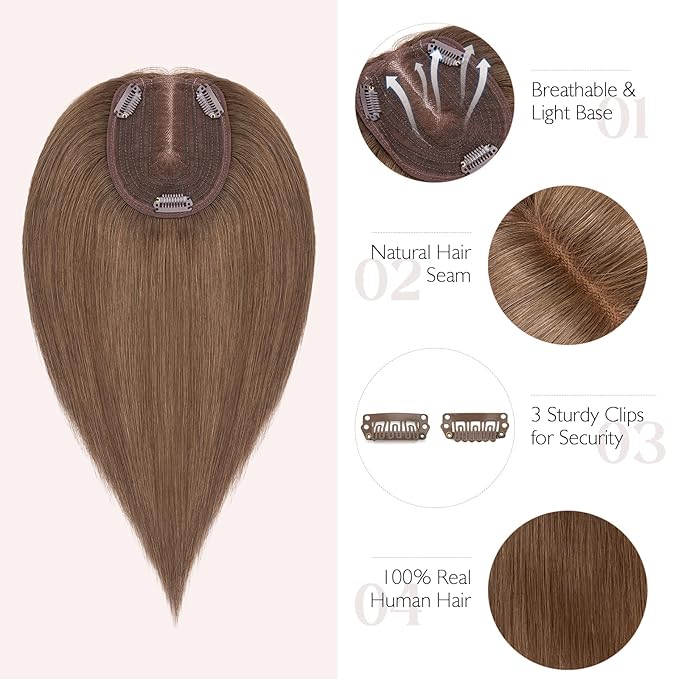 Hairro 100% Human Hair Topper No Bangs, Real Clip in Hair Hairpieces for Women, 3.94x4.72" Silk Base for Thinning Receding High Hairline, 10 Inch Medium Brown Middle Part