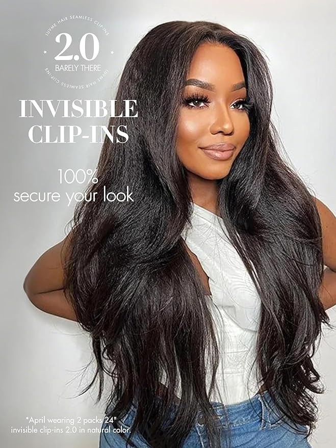 LUVME Invisible Clip in Hair Extensions, Kinky Straight Real Human Hair Remy Hair Clip ins for Women, Natural Human Hair, 14 inch 110g 7Pcs, Natural Black