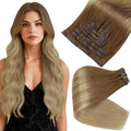 Full Shine Human Hair Clip in Extensions 16 Inch Clip in Hair Extensions Light Brown to Ash Blonde Real Hair Ombre Seamless Hair Extension with PU Skin Weft Softness 8 PCS 120 G