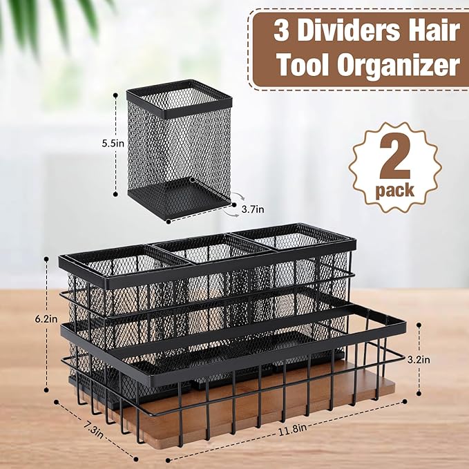 2 Pcs Hair Tool Organizer Countertop Breathable Metal & Bamboo Hot Tools Organizer Under Sink Bathroom Hair Dryer Holder Countertop Brush Comb Holder,Makeup Tray (Koa Wood,Black)