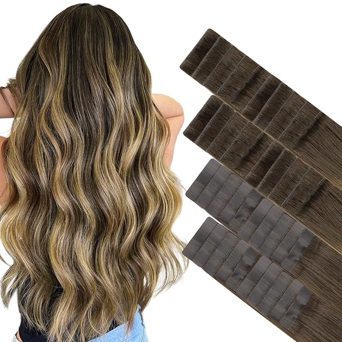 GOO GOO Invisi Edge Tape in Hair Extensions Human Hair, 4/27/4 Balayage Chocolate Brown to Caramel Blonde 20pcs injected with 20pcs classical tape ins, 14inch 100g, Virgin Remy Hair, Natural Look