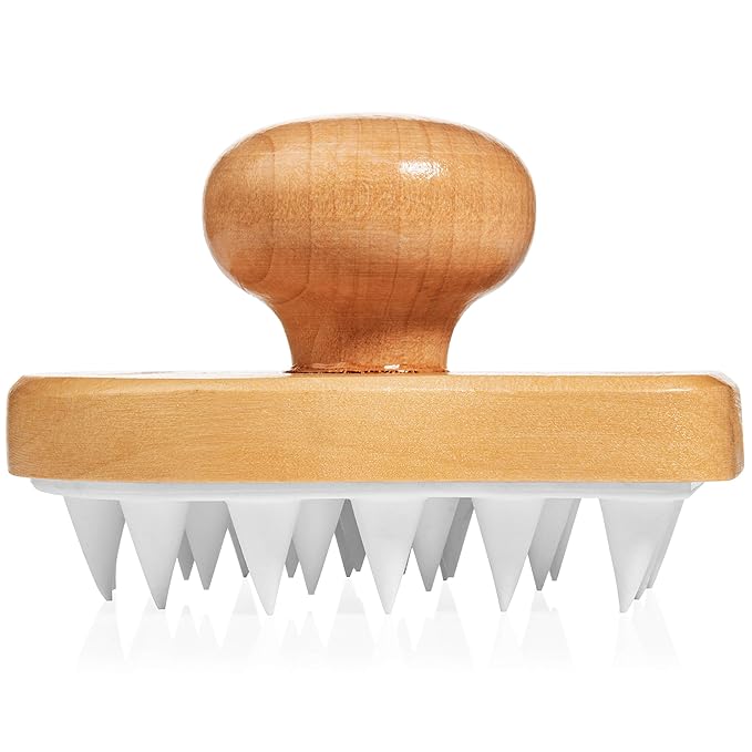 GranNaturals Wooden Shampoo Scrubber Brush - Shower Scalp Massager for Men & Women - Head Exfoliator with Silicone Bristles - Helps Promote Healthy Blood Flow, Dandruff Removal