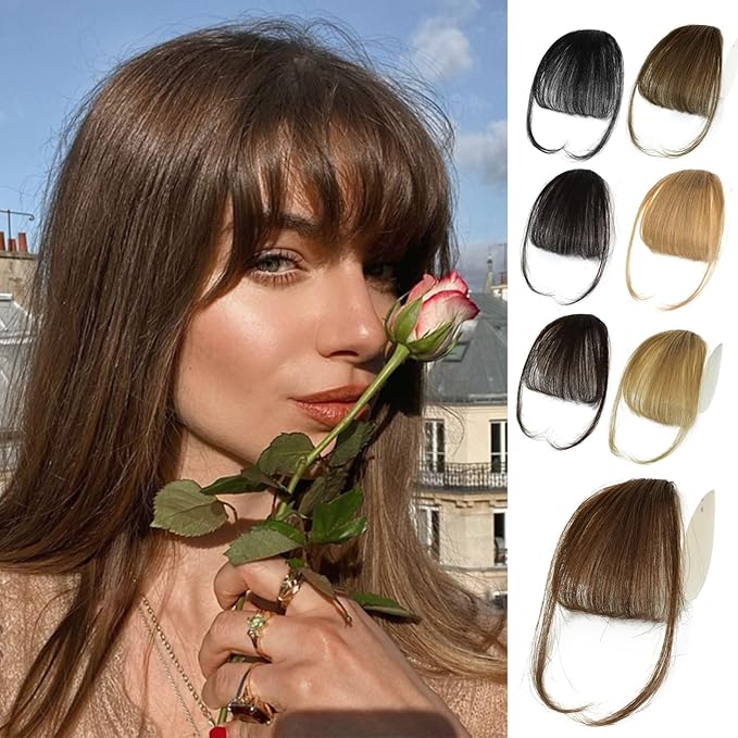 NAYOO Bangs Hair Clip -Medium Brown Fake Bangs 100% Real Human Hair Extensions Wispy Bangs for Women Fringe with Temples Hairpieces Curved Bangs for Daily Wear