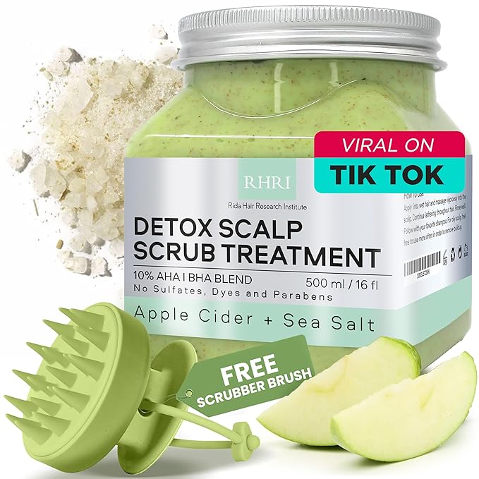 Apple Cider & Sea Salt Green Scalp Scrub Sulfate-Free | 10% AHA & BHA | Exfoliating Hair & Scalp Treatment for Detox, Dandruff & Build-Up | Scalp Exfoliator Hair Scalp Scrub | Refreshing ( 16 Fl Oz )