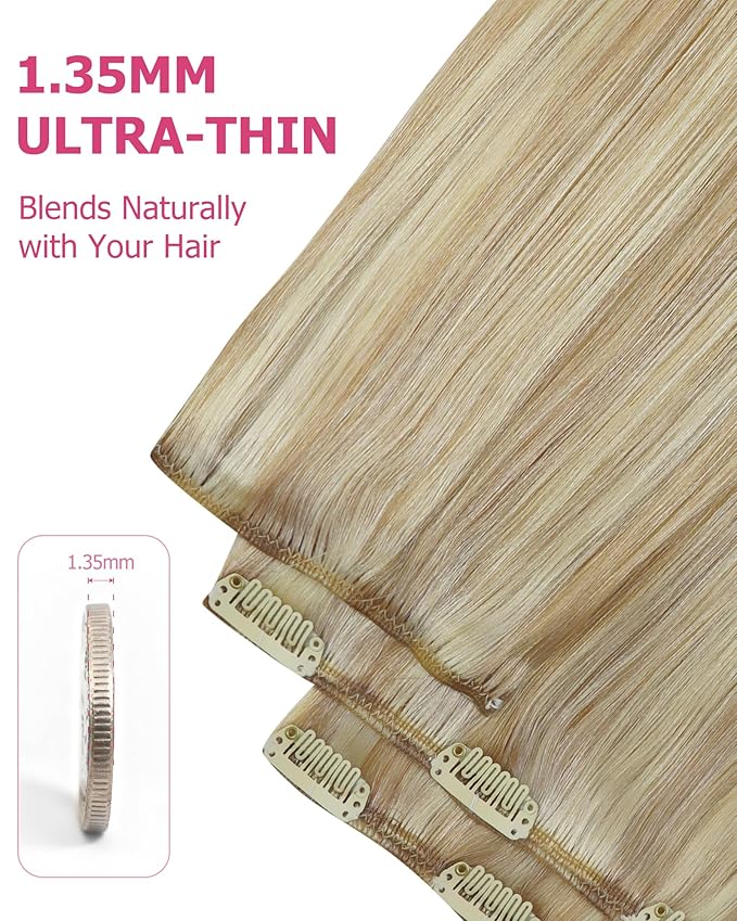 YoungSee Blonde Clip in Hair Extensions Highlights Human Hair Clip in Extensions Light Blonde Highlights Golden Blond Hair Extension Clip ins Easy to Install 7Pcs 120G 14inch