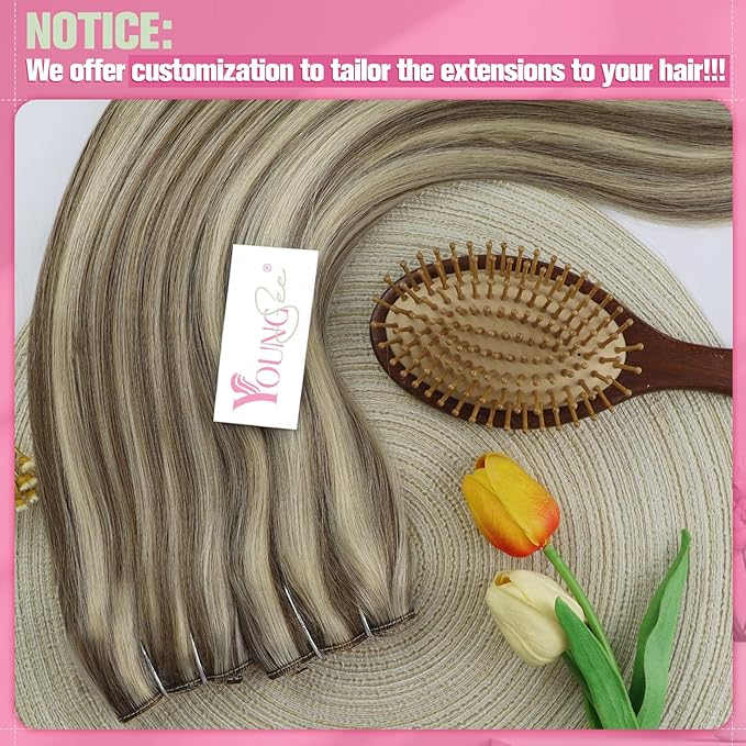 YoungSee 130G Wire Hair Extensions Real Human Hair Brown Highlight Blonde Wire Human Hair Extensions Highlights Brown to Blonde Invisible Couture Hair Extension for Natural Look 22Inch