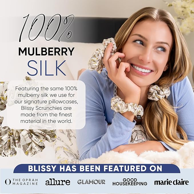 Blissy Silk Scrunchies (3 Pack) - 100% Pure Mulberry Silk - 22 Momme 6A High-Grade Fibers Scrunchie for Straight & Curly Hair (Nicole Miller NY to Paris, Regular)