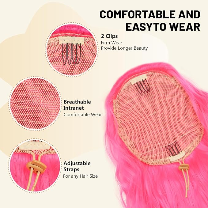 LEEONS 26 inch Drawstring ponytail Extension, Long Wavy pony tails hair extensions for Women - Synthetic Hairpiece Ponytail for Daily Use (Hot Pink)