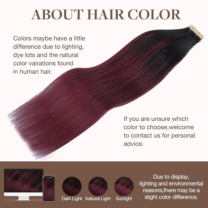 GOO GOO Tape in Hair Extensions Human Hair, 1/99 Balayage Jet Black to Red, 20inch 100g 40pcs, Skin Weft Seamless Invisible, Silky Straight with Thick Ends, Remy Human Hair
