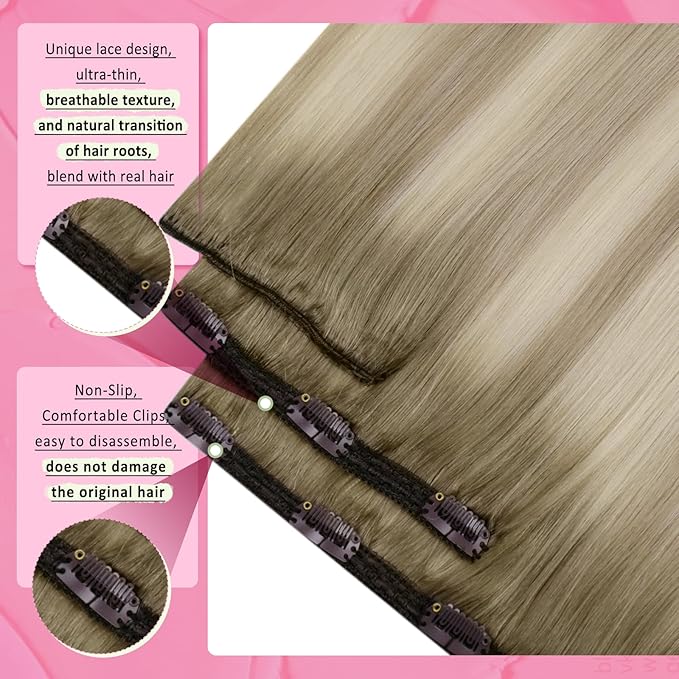 YoungSee Clip in Human Hair Extensions Ash Blonde Clip in Hair Extensions Human Hair Ombre Ash Blonde to Platinum Blond Highlights Clip in Hair Extensions Thick Remy Hair 7Pcs 120G 14Inch
