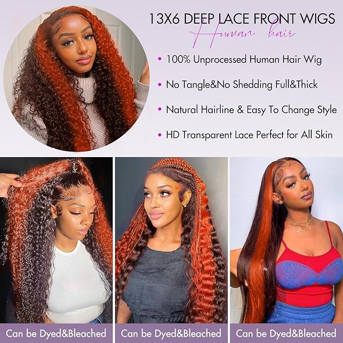 250 density Deep Wave Lace Front Wigs Human Hair Pre Plucked Hairline Glueless Wigs Human Hair for Women 13x6 HD Lace Front Wigs Ginger Orange Curly Human Hair Wig Brazilian 24 Inch
