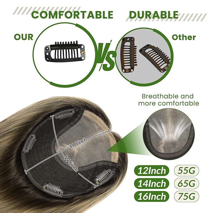 Hair Toppers for Women Real Human Hair Larger Silk Base 6x7 inch 65 grams 14inch Clip In Topper Hair pieces Dark Brown to Dirty Blonde（#2618 14inch）