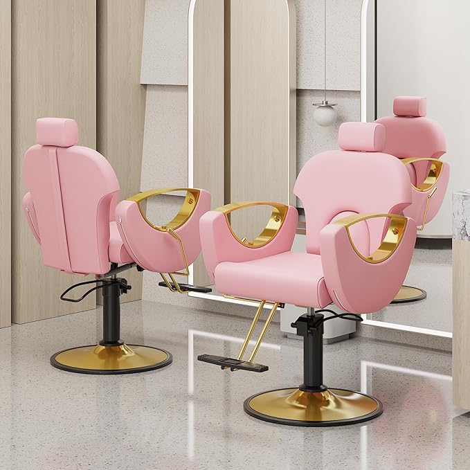 Barber Chair for Hair Stylist, Height Adjustable Hydraulic Hair Reclining Salon Chair, 360 Degrees Rotation, Multi-Function Shampoo Chair for Salon Barbershop (Modern Pink)
