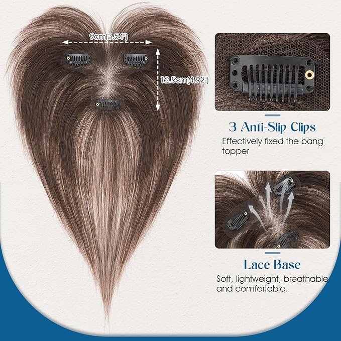 Hair Topper Human Hair Curtain Air Bangs Topper for Women,3.54x4.92 T-part Lace Base Topper Hair Piece for Daily Wear(Dark Brown)