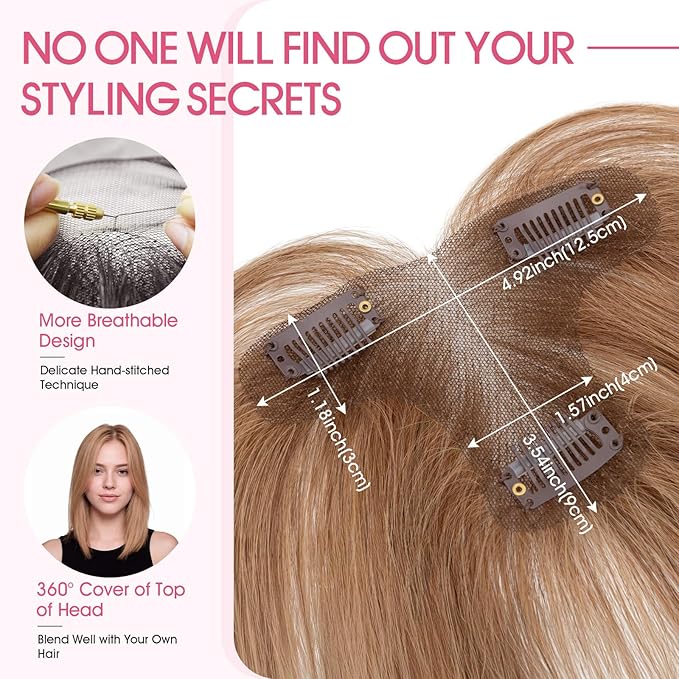 Hairro Human Hair Toppers with Side Bangs, 3D 360° Seamless Real Hair Toppers, Hand-Tied with 3.5"x4.7" T-shaped Base, Clip-In Hairpieces to Add Volume on Top, 11 Inch Light Brown