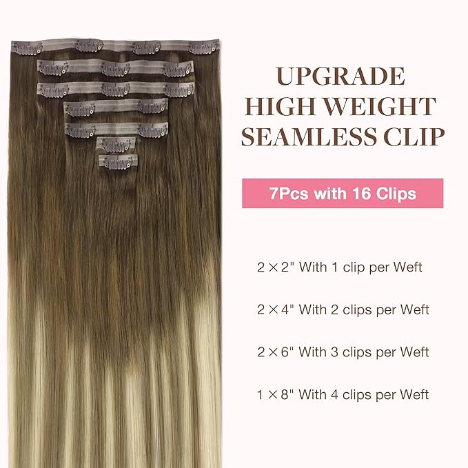GOO GOO Clip in Hair Extensions Real Human Hair, Remy Human Hair Extensions Clip ins for Women, Natural Human Hair, 18inch 110g 7Pcs, 3/8/613 Balayage Walnut Brown to Ash Brown and Bleach Blonde