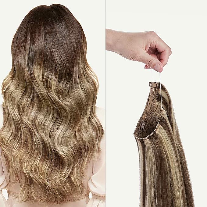 Luxy 100% Remy Human Hair – Halo Clip-In Hair Extensions –Natural Looking Volume & Length - One-Piece - Easy 5-Min Application 140 grams 16" Ash Brown Highlights