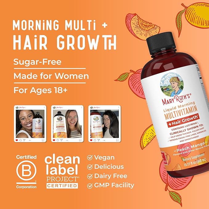 MaryRuth Organics Liquid Multivitamin+Hair Growth | Biotin 10000mcg | Lustriva Hair Growth Supplement | Clinically Tested in Women for Thicker Hair&Facial Wrinkle | Skin Care | Ages 18+ | 15.22 Fl Oz