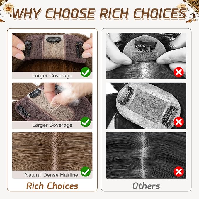 Rich Choices Real Human Hair Toppers for Women With Bang 100% Remy Human Hair Topper for Thinning Hair Clip in Silk Base Hair Topper 14 Inch #4R Chestnut Brown