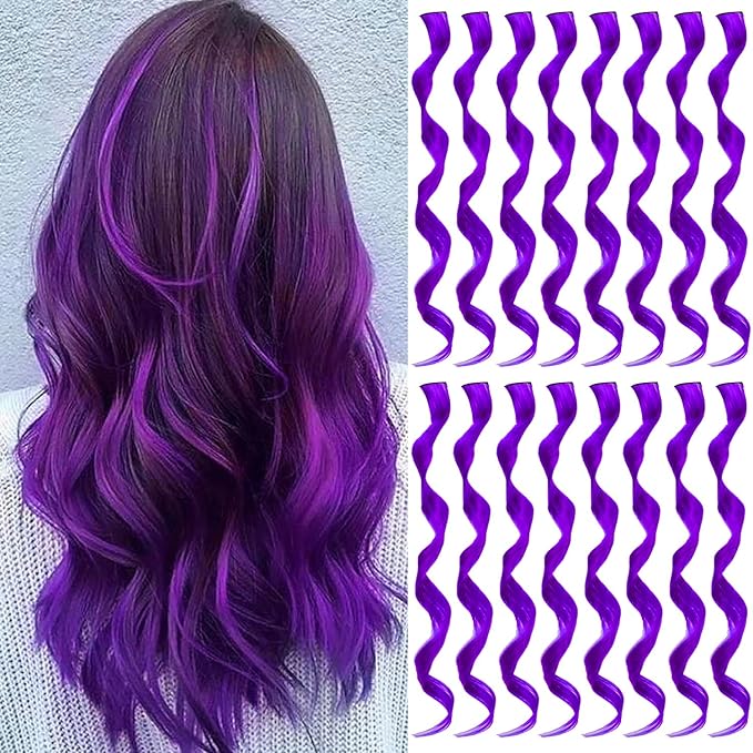16 Pcs Colored Hair Extensions Curly Wavy Clip in Synthetic Hairpiece Streak for Girls Women Kid, Multi-colors Party Highlights Cosplay Festival Gift(Purple)