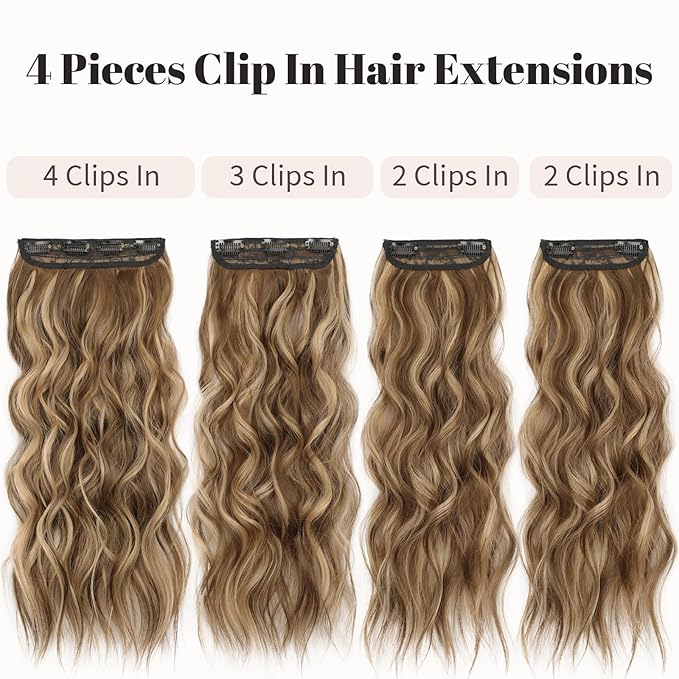 KooKaStyle Hair Extensions Medium Brown mix Caramel Blonde Clip in Synthetic Highlight Hair Extensions Long Wavy 4PCS Thick Hairpieces 20 Inch for Women