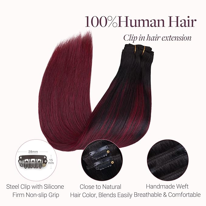 GOO GOO Clip in Hair Extensions Real Human Hair, Remy Human Hair Extensions Clip ins for Women, Natural Human Hair, 22inch 170g 7 Pcs, #1/99j Balayage Jet Black to Red