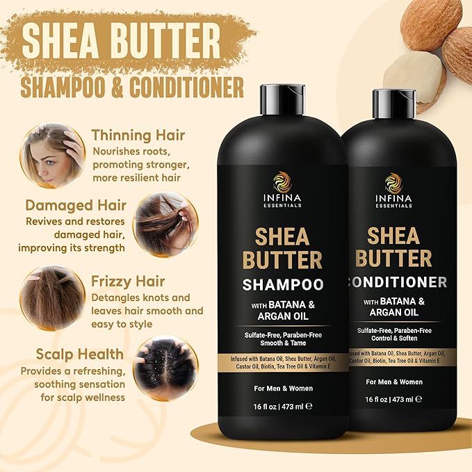 Shea Butter Shampoo & Conditioner Set | 16 fl oz Each | with Batana Oil & Argan Oil | Moisturizing, Strengthening & Frizz Control Formula | Supports Hair Growth & Adds Thickness