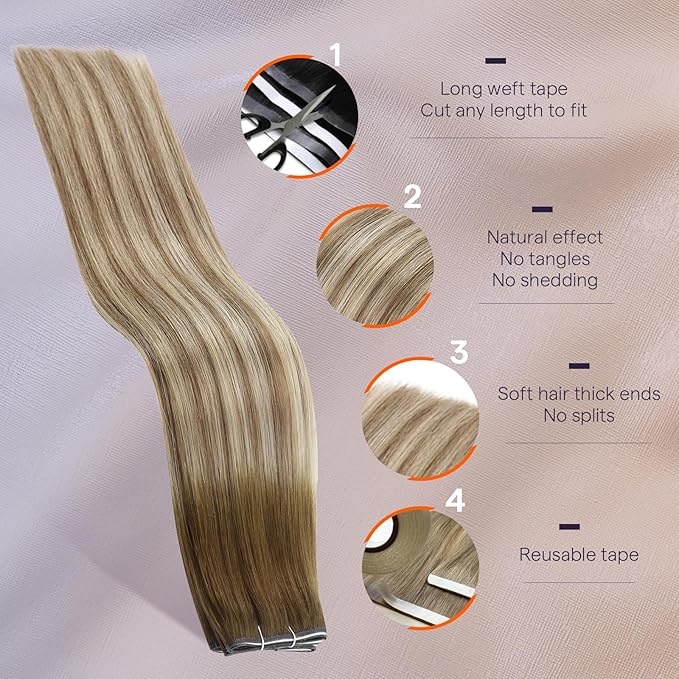 Full Shine Tape in Hair Extensions 18Inch Wire Adjustable Size Color 8 Ash Brown Ombre 60 Blonde And 18 Dark Ash Blonde Balayage Tape in Weft Hair Extensions Human Hair 50G One Piece Easy Application