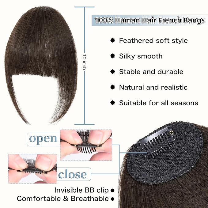 Clip In Bangs for Women, Dark Brown French Bangs Hair Clip with Temples, 100% Real Human Hair Layered Curved Fringe for Halloween and Daily Use(Dark Brown, French Bangs)